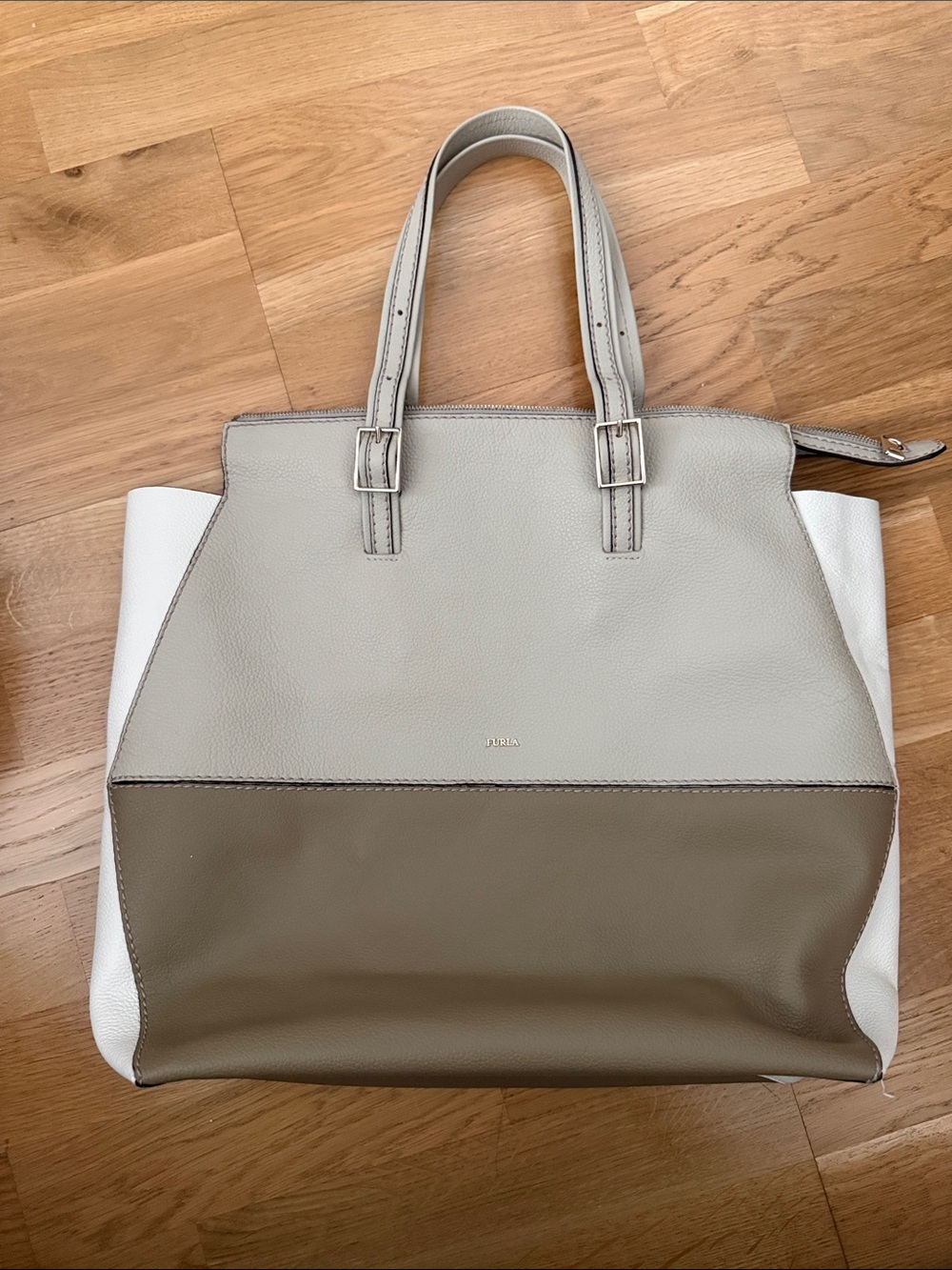 Furla Three-Tone Leather Tote in White, Light Gray & Taupe